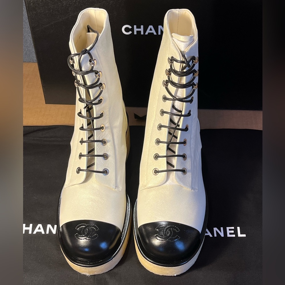 Chanel G39162 Calfskin Cap Toe Combat Boots size 36